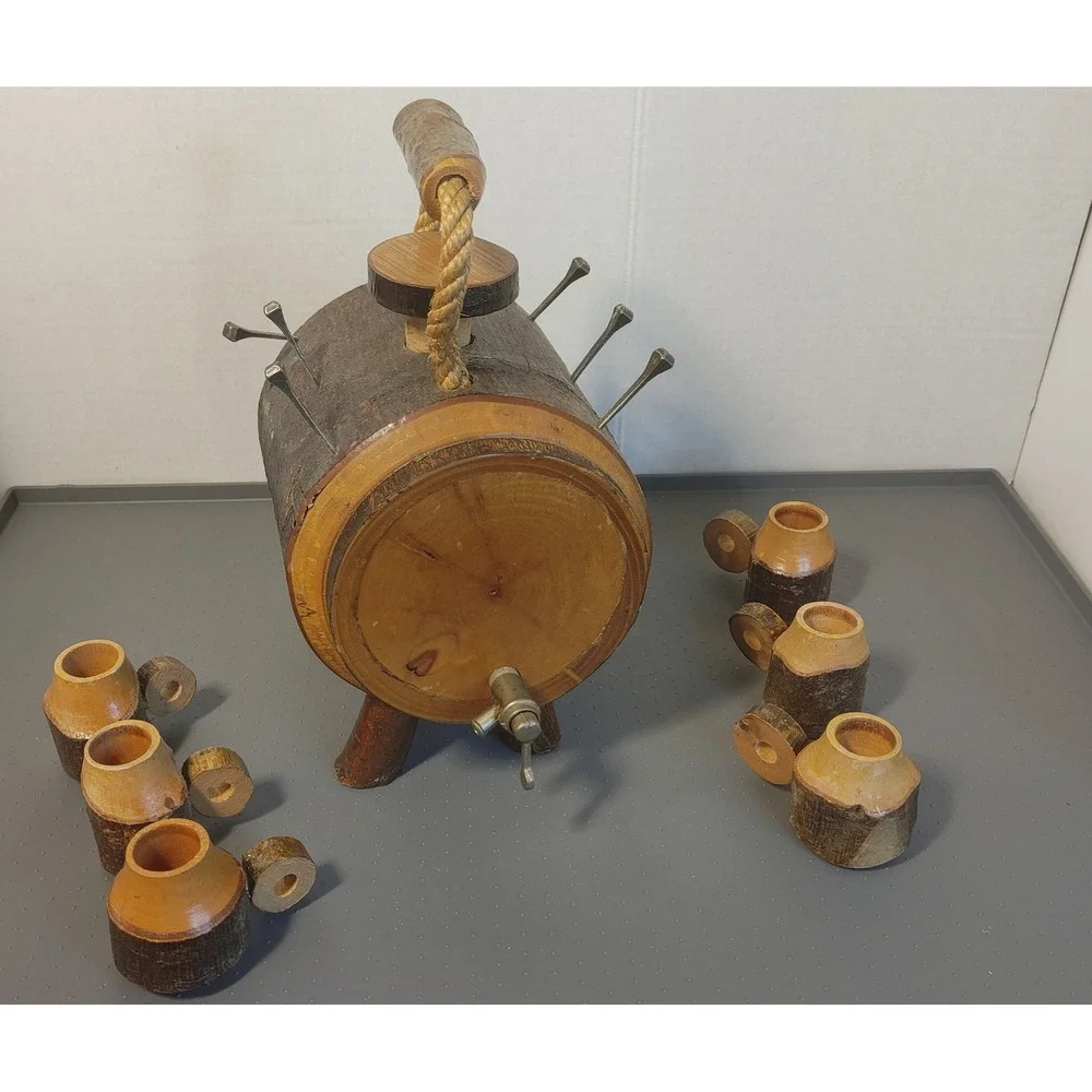 Vintage Handmade Rustic Wood Barrel Liquor Dispenser Set 7pc Brown Folk Art